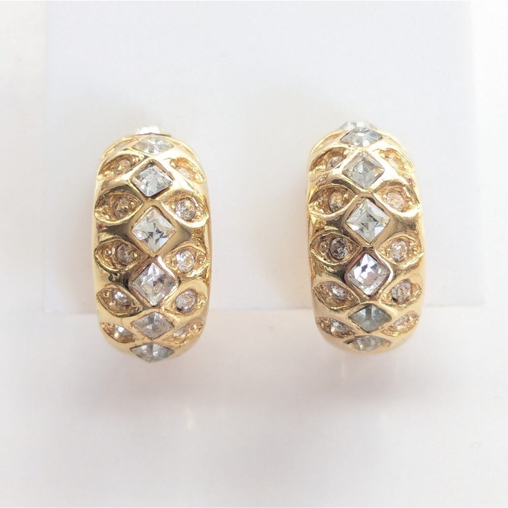 Vintage 80s Mob Wife Gold Tone Chic Glass Rhinestone Hoop Style Clip On Earrings